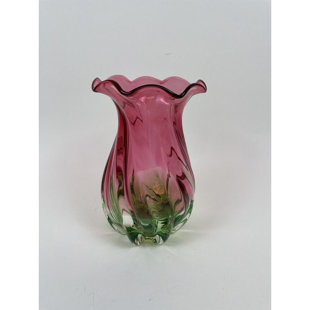 Watermelon Glass Vase Twisted Ruffled Edge Hand Blown 8” Tall - Picture 2 of 10